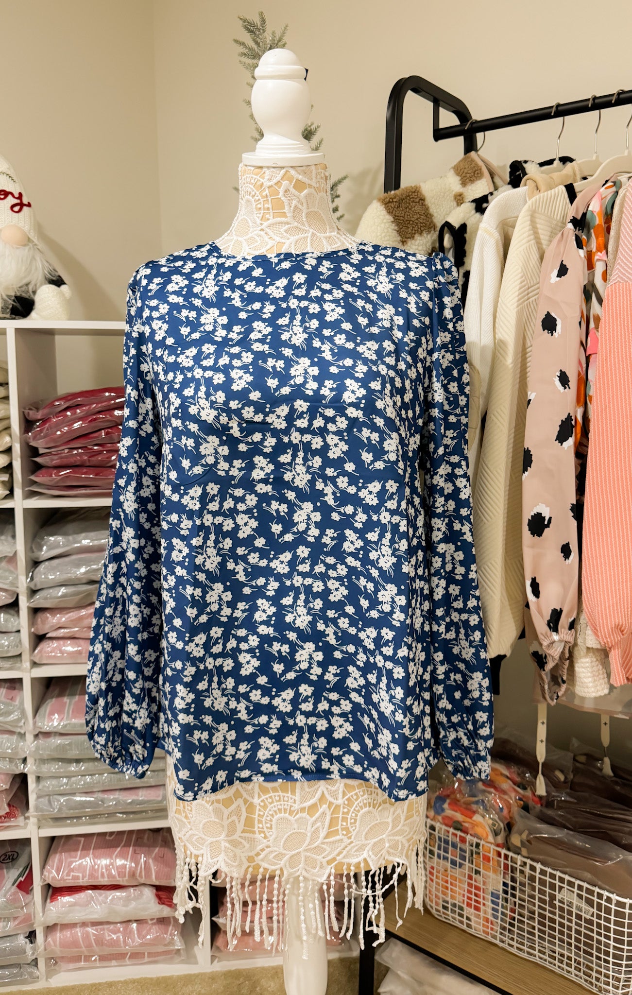 Blue Ditsy Floral Lantern Sleeve Blouse