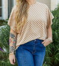 Khaki Checkerboard Short Sleeve Round Neck Plus Size T Shirt