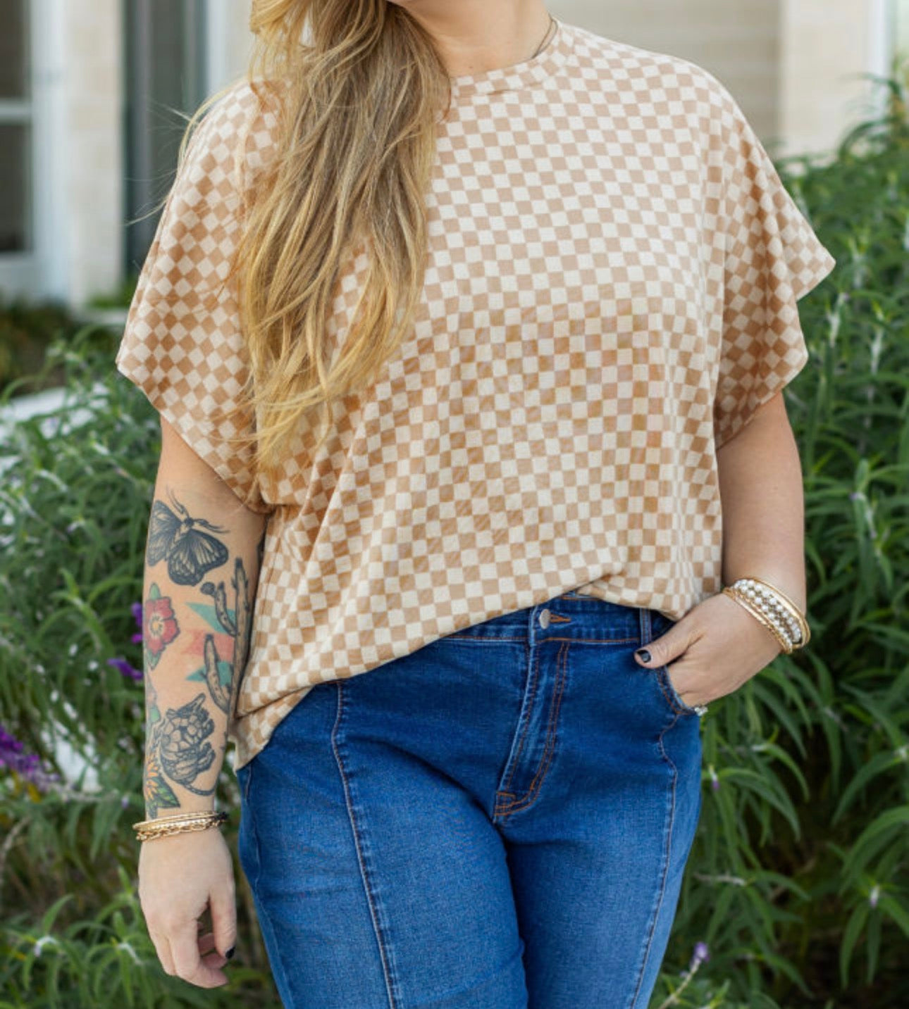 Khaki Checkerboard Short Sleeve Round Neck Plus Size T Shirt