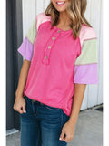 Ribbed Color Block Patchwork Henley T Shirt-PLUS