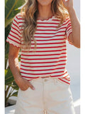 Red Stripe Plus Size Scalloped Trim Round Neck Short Sleeve Top-PLUS