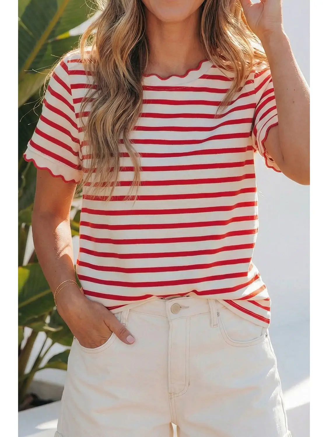 Red Stripe Plus Size Scalloped Trim Round Neck Short Sleeve Top-PLUS