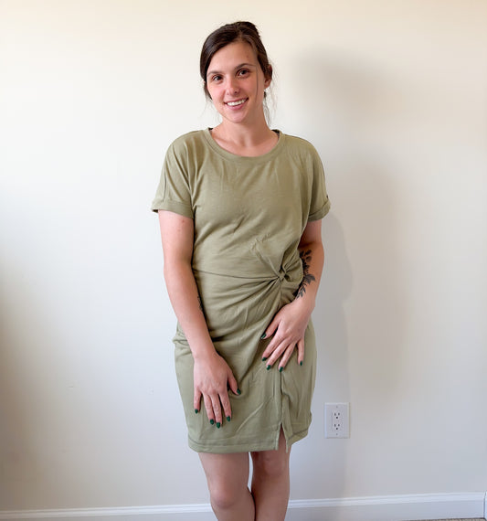 Folded Sleeve Olive Green Mini Dress