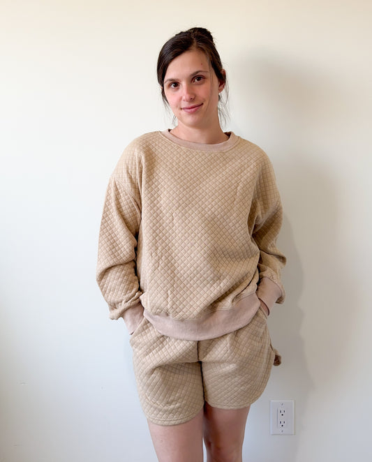 Beige Quilted Long Sleeve/Shorts Set