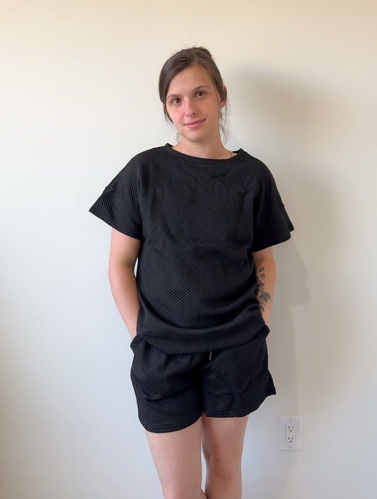 Black Quilted Drawstring Shirt/Shorts Set