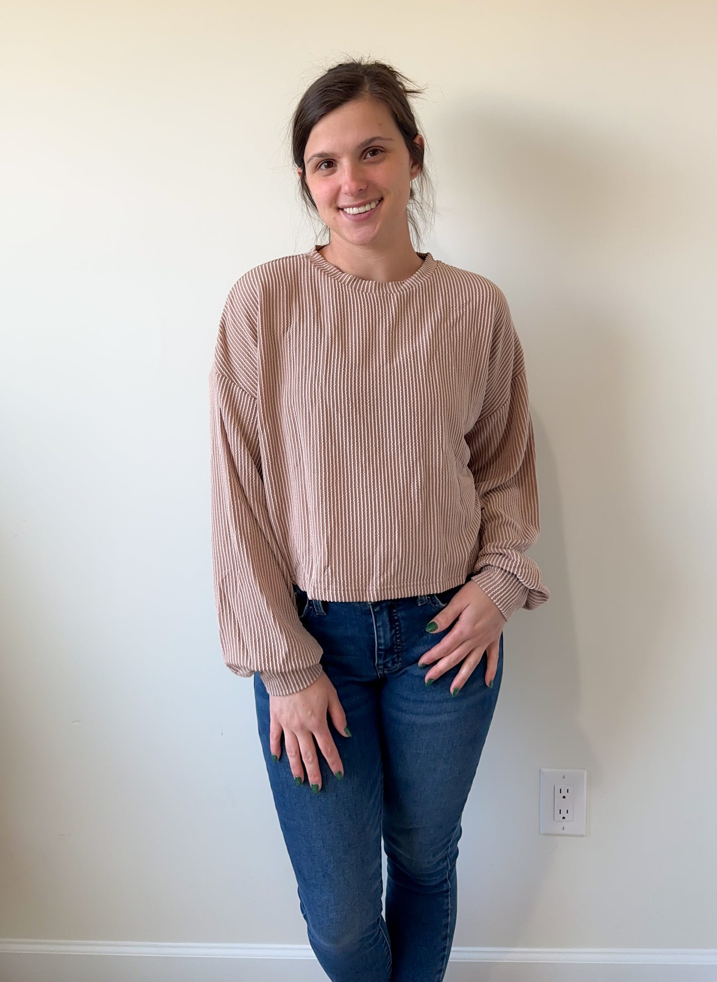 Beige Ribbed Cropped Long Sleeve Tee