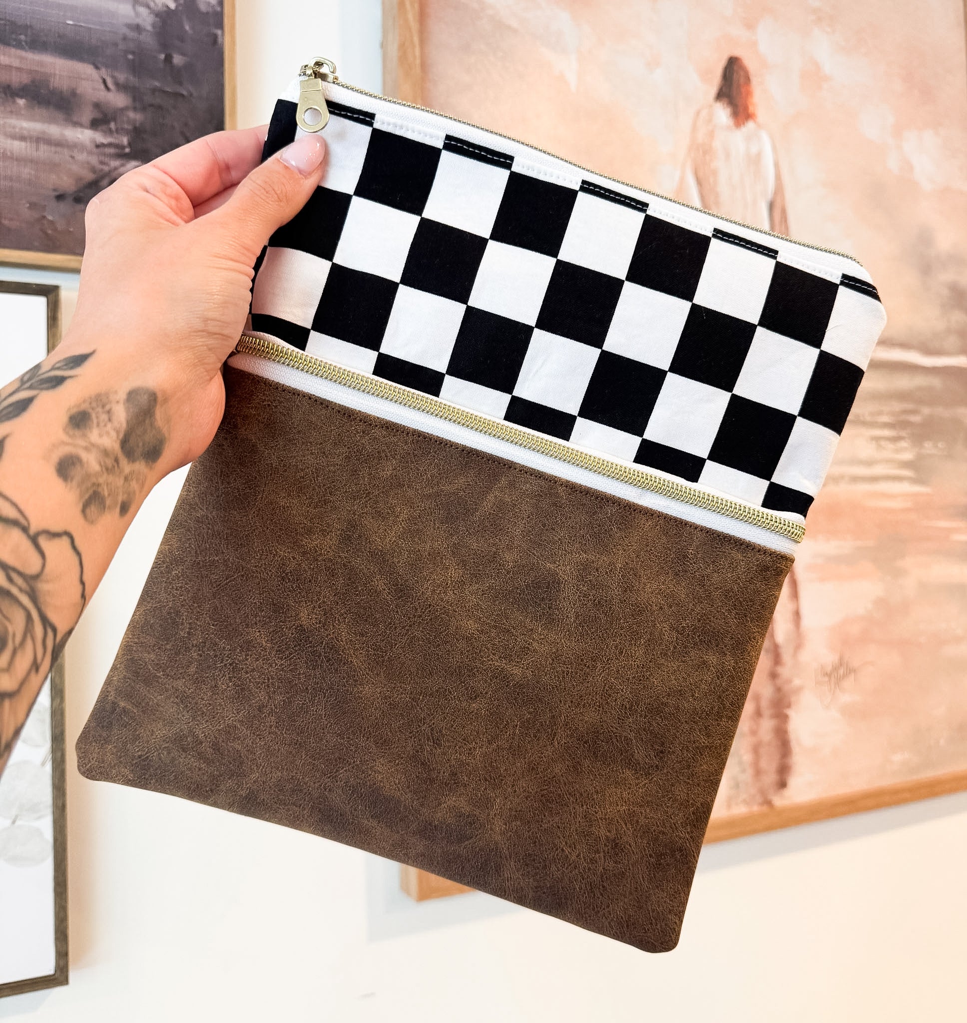 Black Checkered & Pleather Whatever Bag