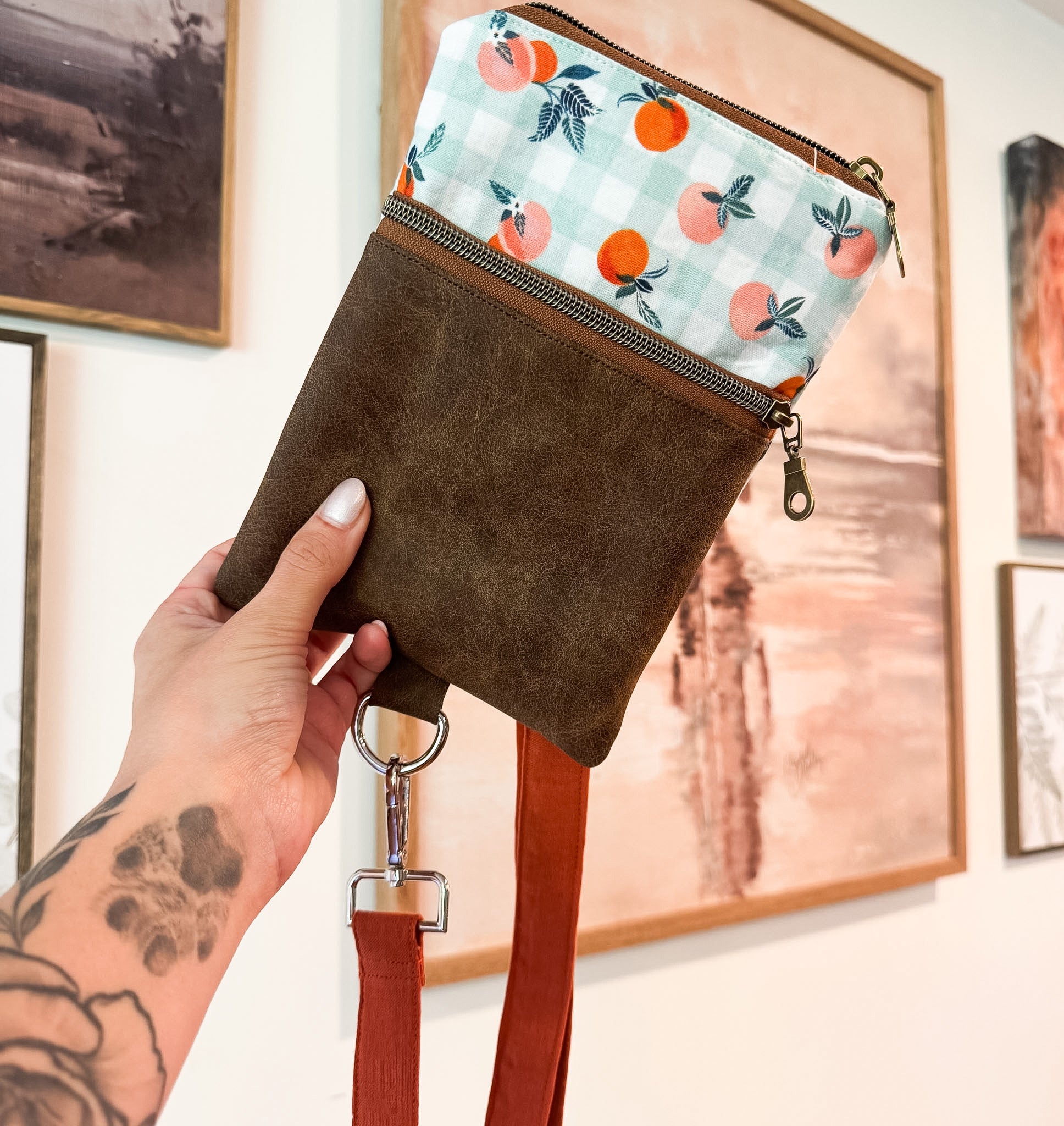 Peaches Gingham Catch-All Crossbody (Yam Adjustable Strap)