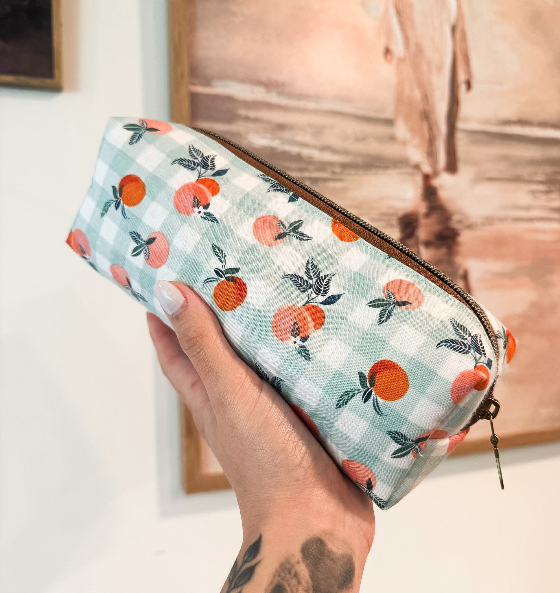 Peach Gingham Boxy Pencil Pouch