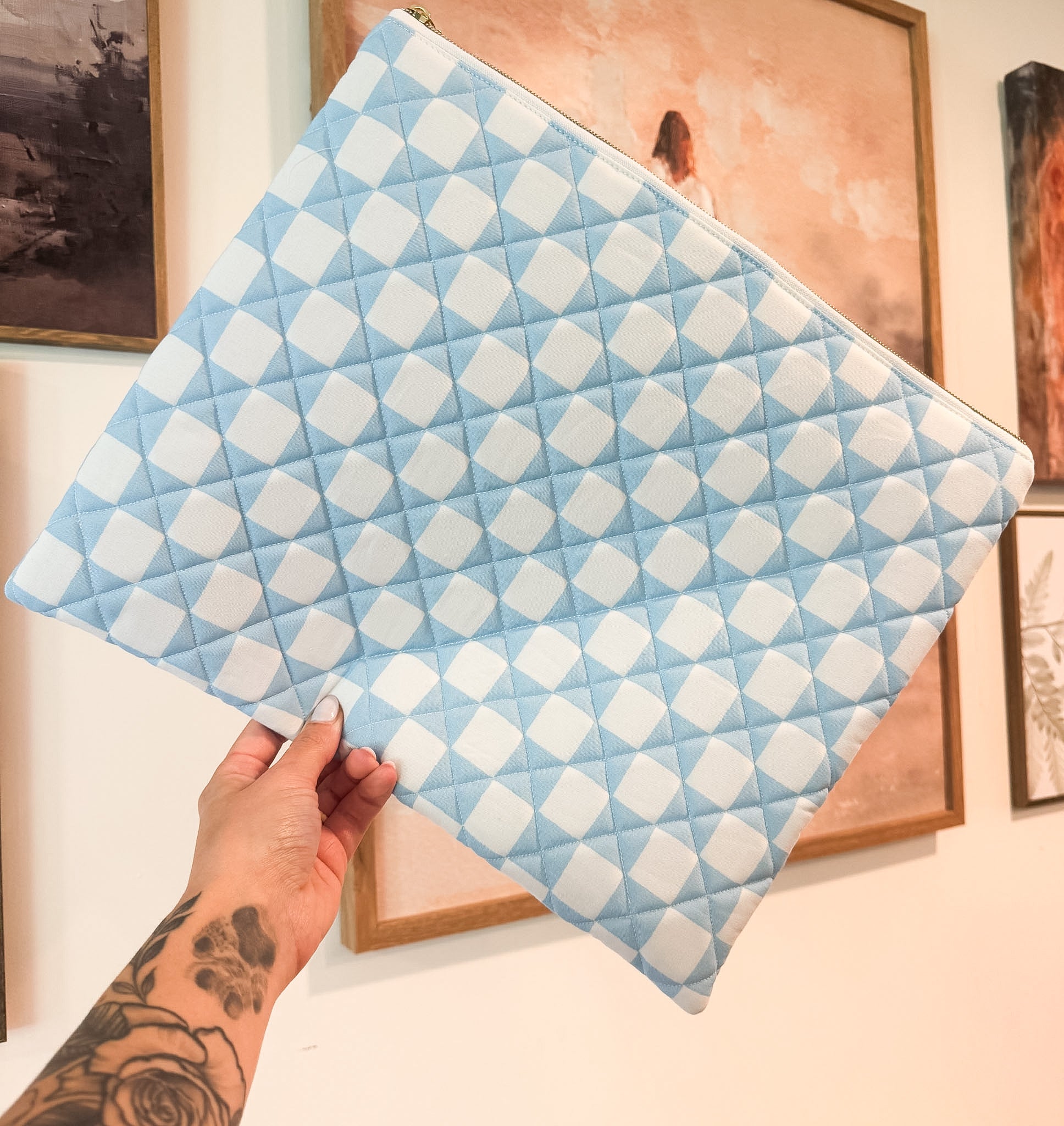 Blue Checkered Quilted Laptop Sleeve