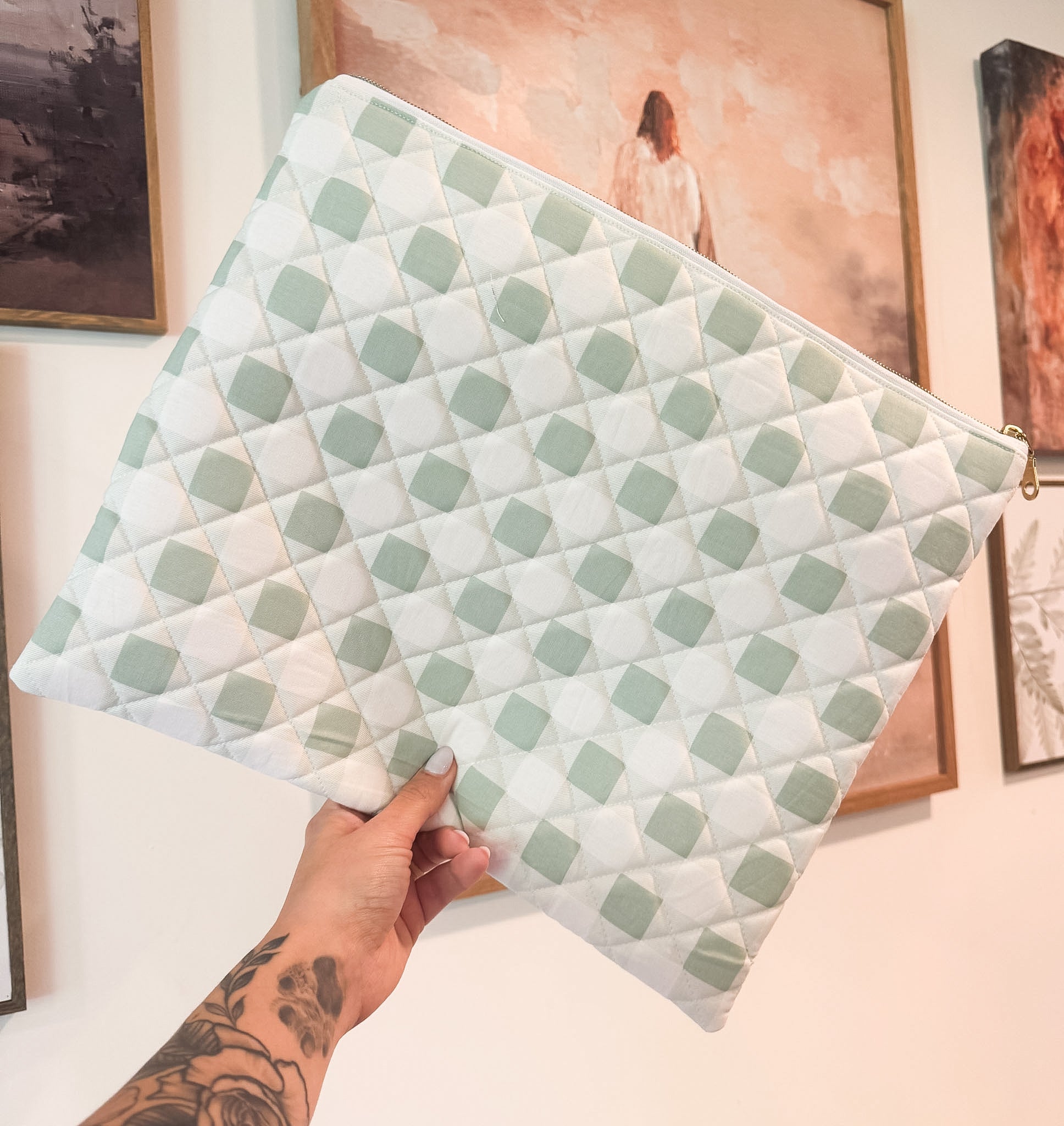 Green Gingham Quilted Laptop Sleeve