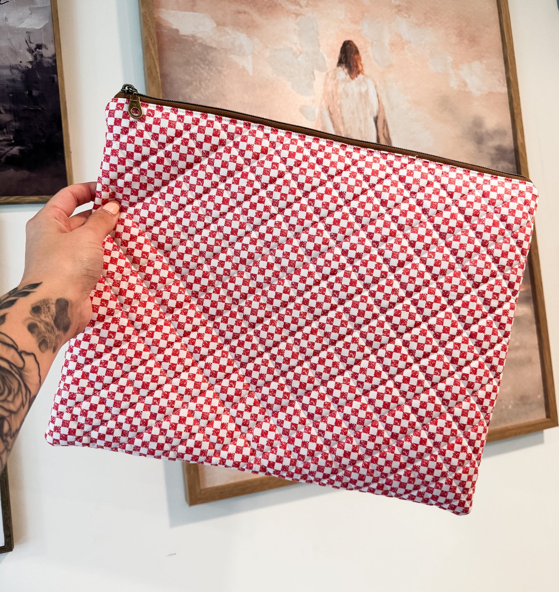 Red Checkered Quilted Laptop Sleeve
