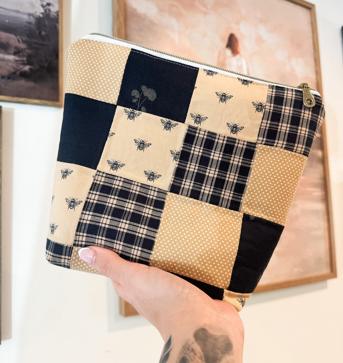 Blue and Tan Patchwork Zipper Pouch
