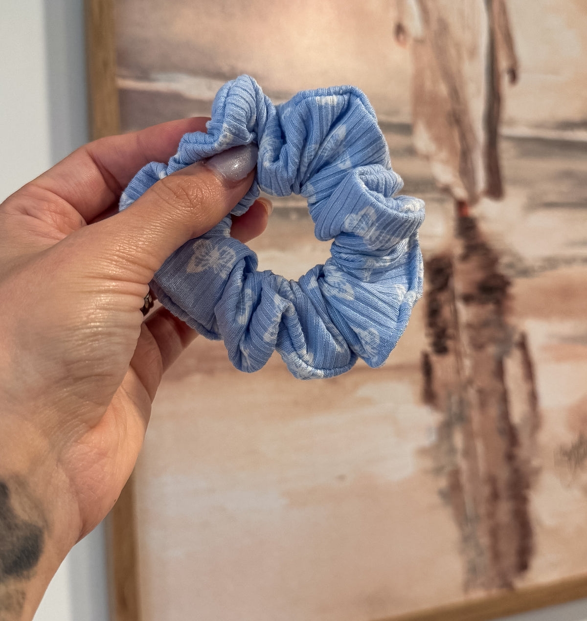 Blue Butterfly Ribbed Knit Scrunchie