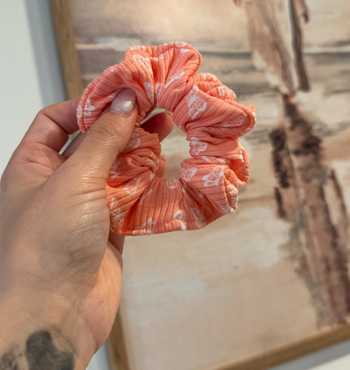 Pink Butterfly Ribbed Knit Scrunchie