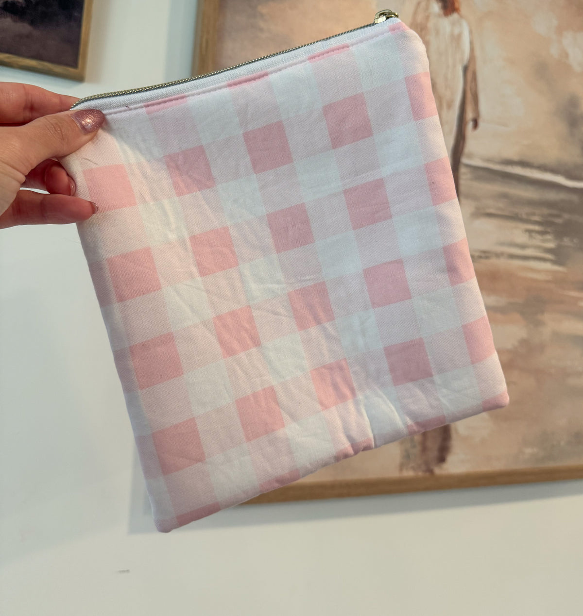 Pink Gingham Zipper Pouch