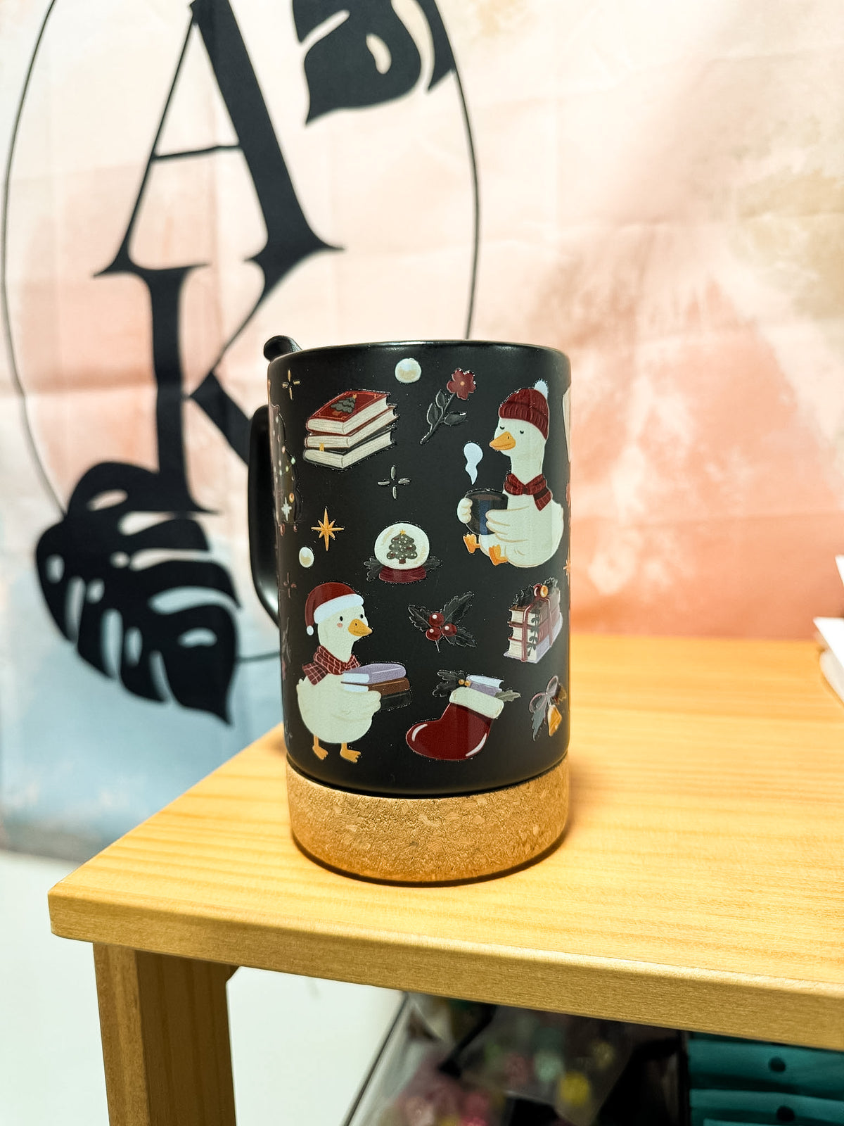 Christmas Bookish Geese Black Mug