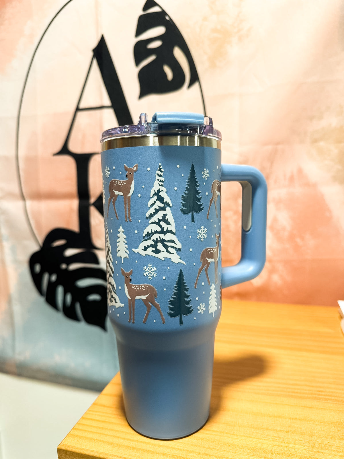 Steel Blue Reindeer and Tree Tumbler