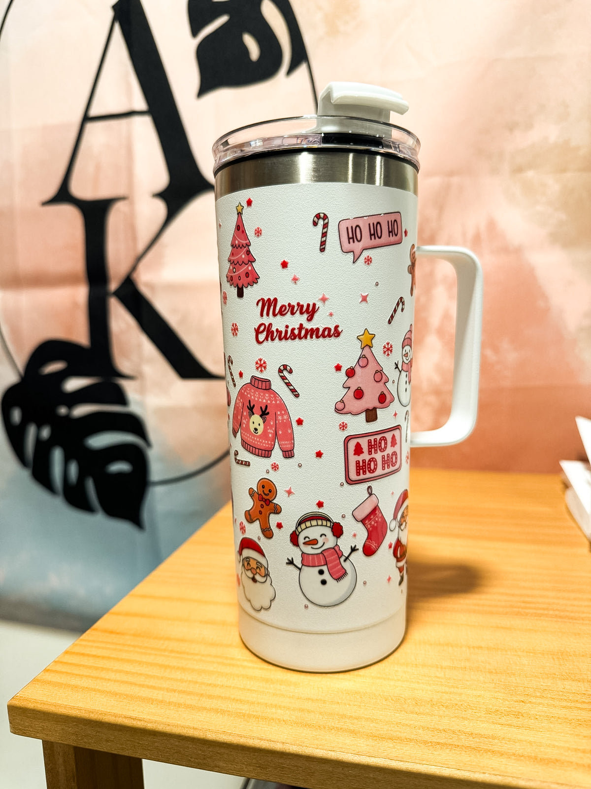 White Handle Pink Christmas Tumbler