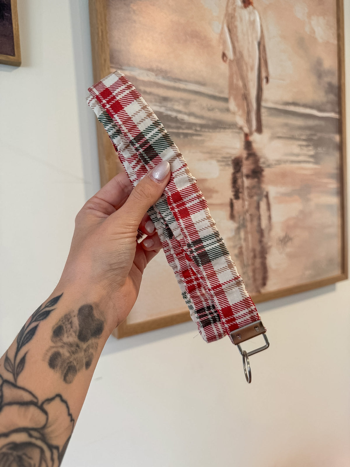 Red, Green, and Tan Gingham Schrunchie Lanyard