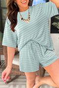 Olive Green Stripe Raised Rib Loose Tee Drawstring Elastic Waist 2pcs Short Set