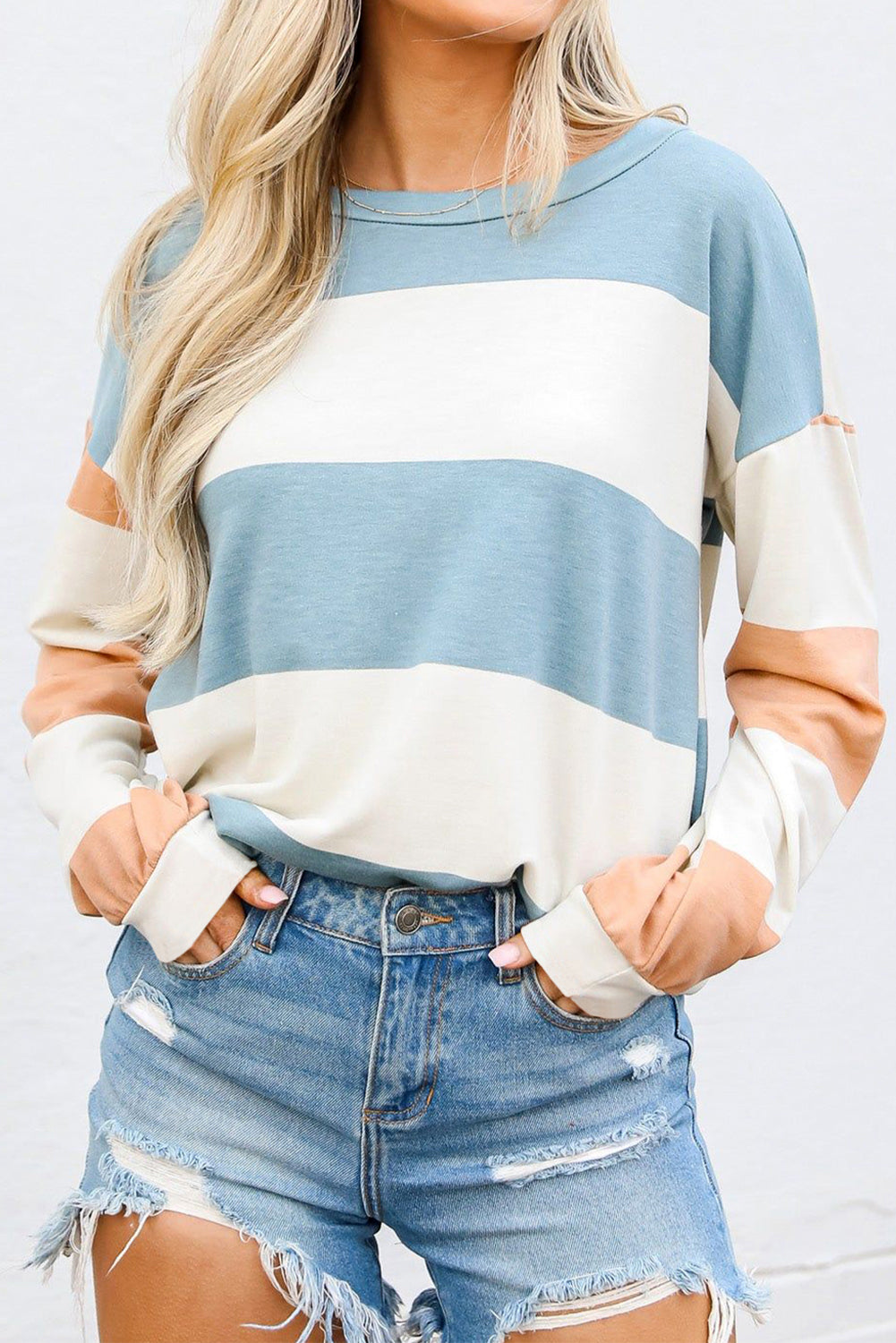 Light Blue Colorblock Striped Drop Shoulder Top