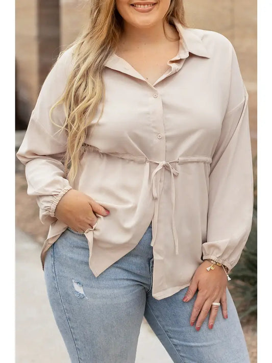 Light French Beige Plus Size Puff Sleeve Tied Tunic Shirt