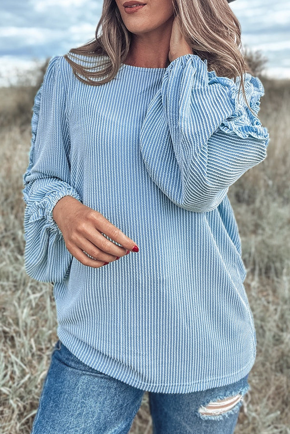 Mist Blue Frilly Puff Sleeved Blouse