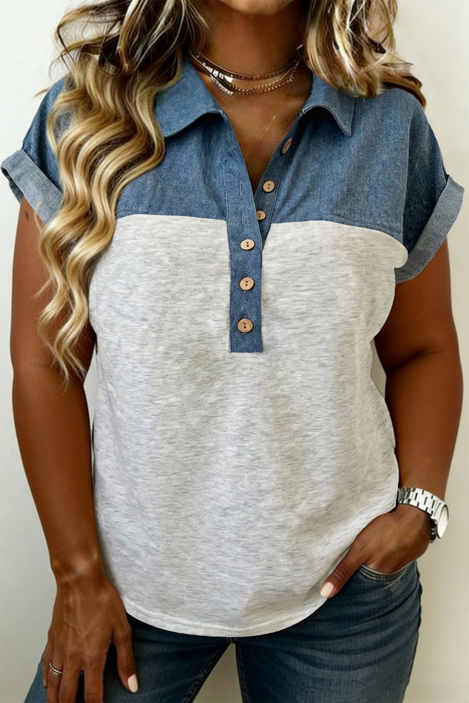 Light Grey Denim Patch Work Tee