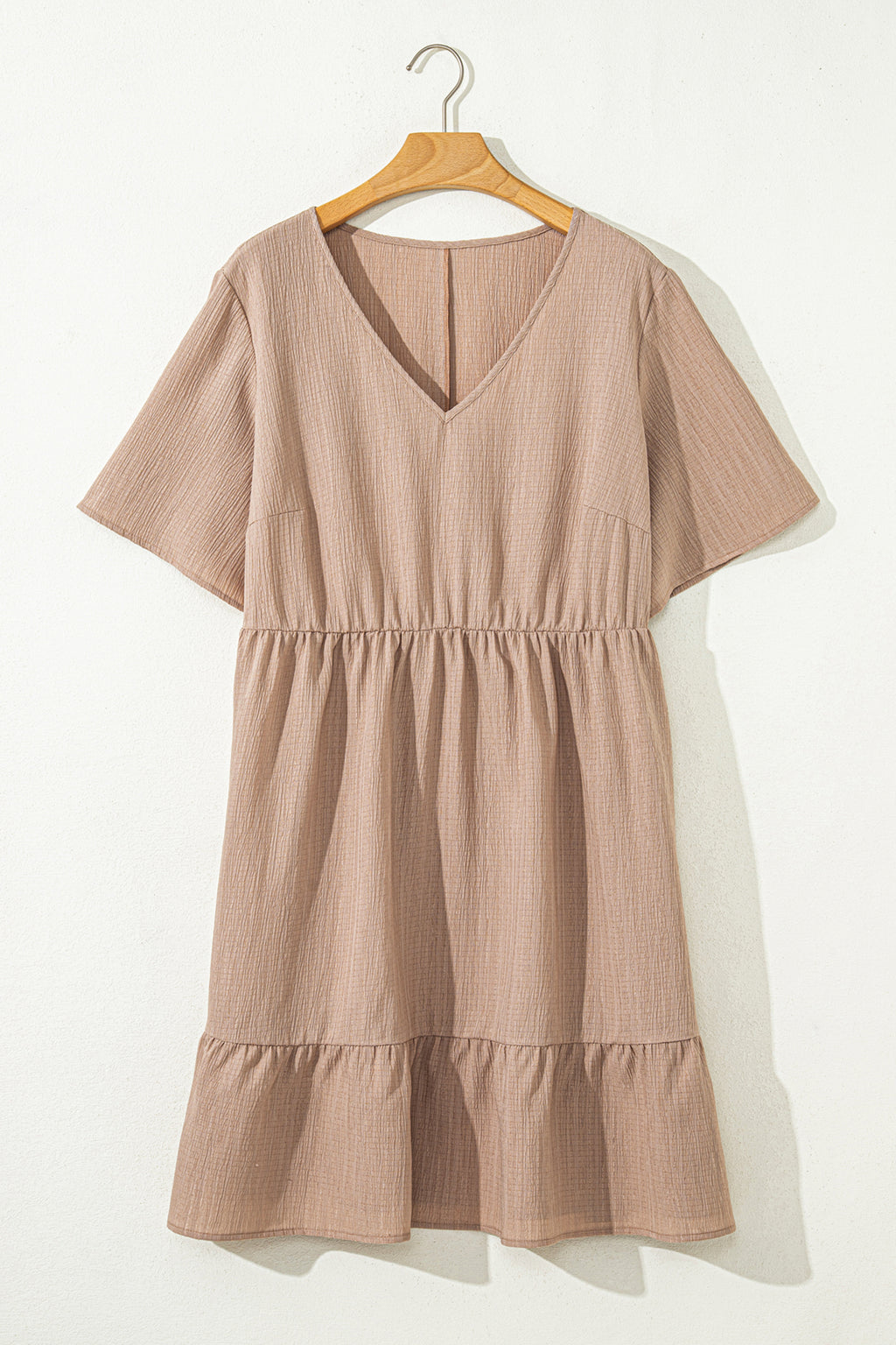 Dark Khaki Textured Ruffled Short Sleeve Dress-PLUS - FINAL SALE
