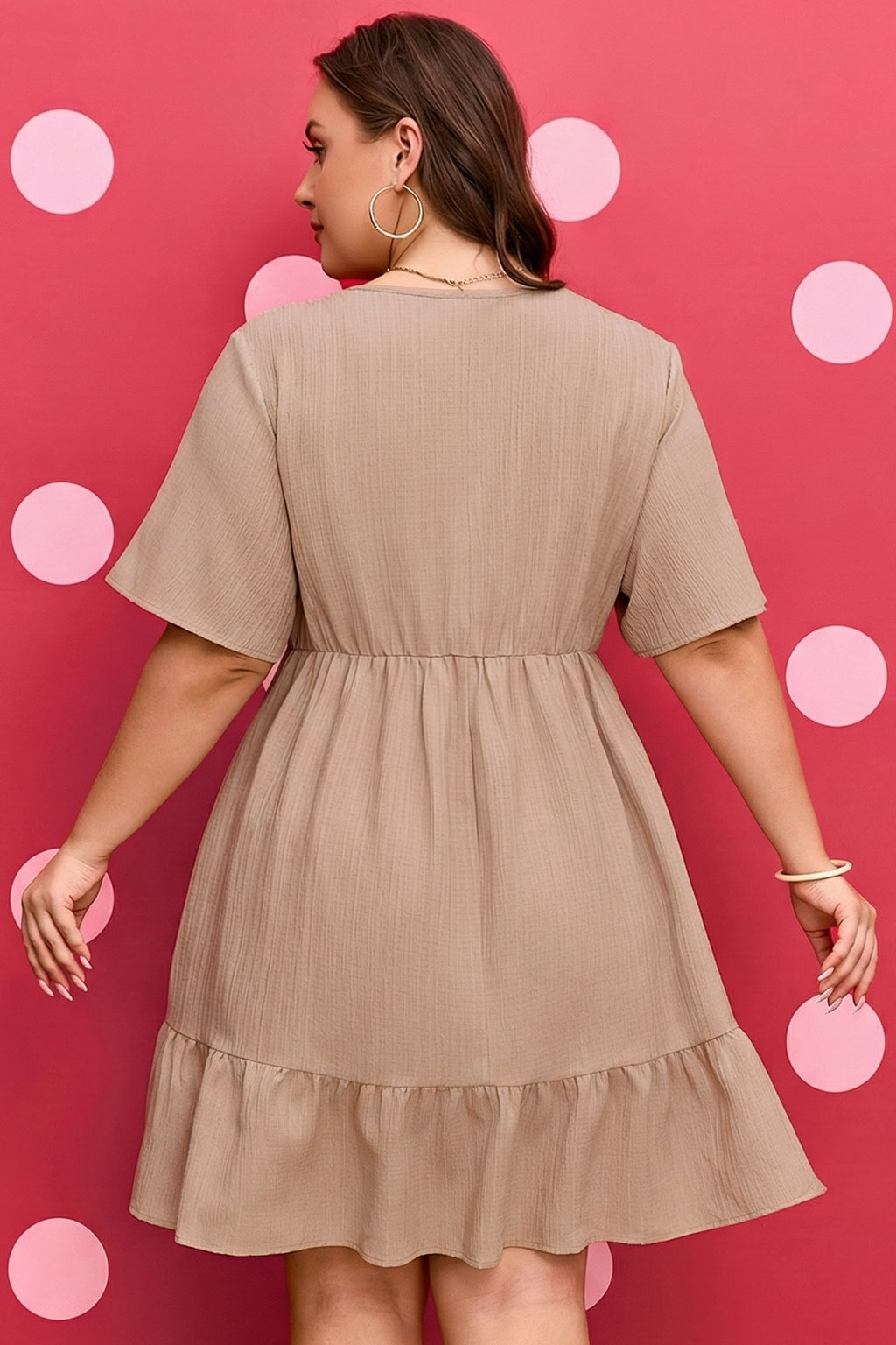 Dark Khaki Textured Ruffled Short Sleeve Dress-PLUS - FINAL SALE