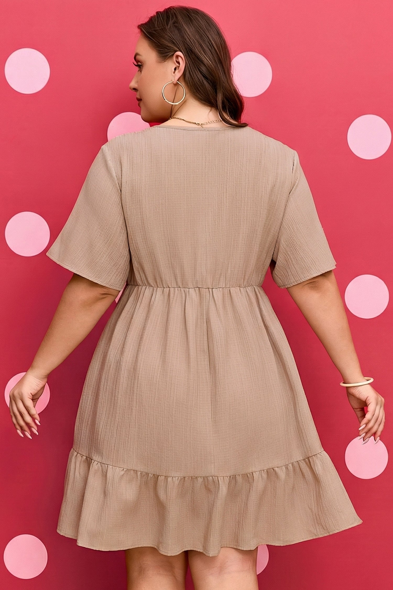 Dark Khaki Textured Ruffled Short Sleeve Dress-PLUS - FINAL SALE