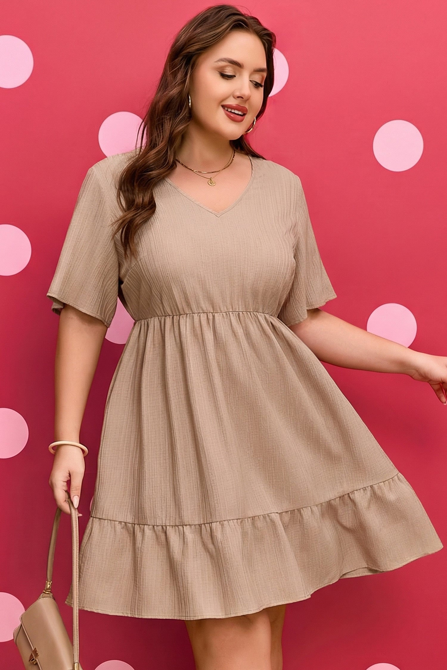 Dark Khaki Textured Ruffled Short Sleeve Dress-PLUS - FINAL SALE