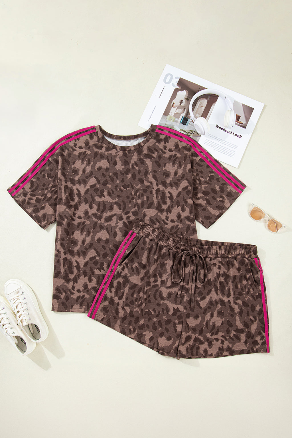 Brown Retro Leopard Print 2pcs Short Set-PLUS