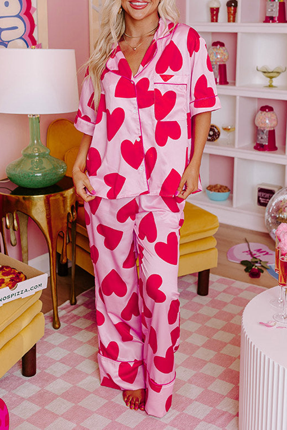 Pink Classic Heart Valentines Short Sleeve and Pants PJ Set