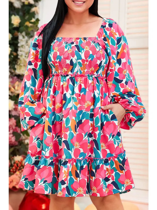 Plus Size Floral Print Long Sleeve Smocked Square Neck Dress
