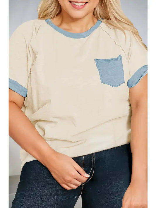Plus Size Raw Seam Contrast Color Patchwork Top