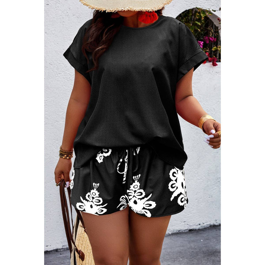 Plus Size Printed Two Pieces Cutout Back Loose Sets