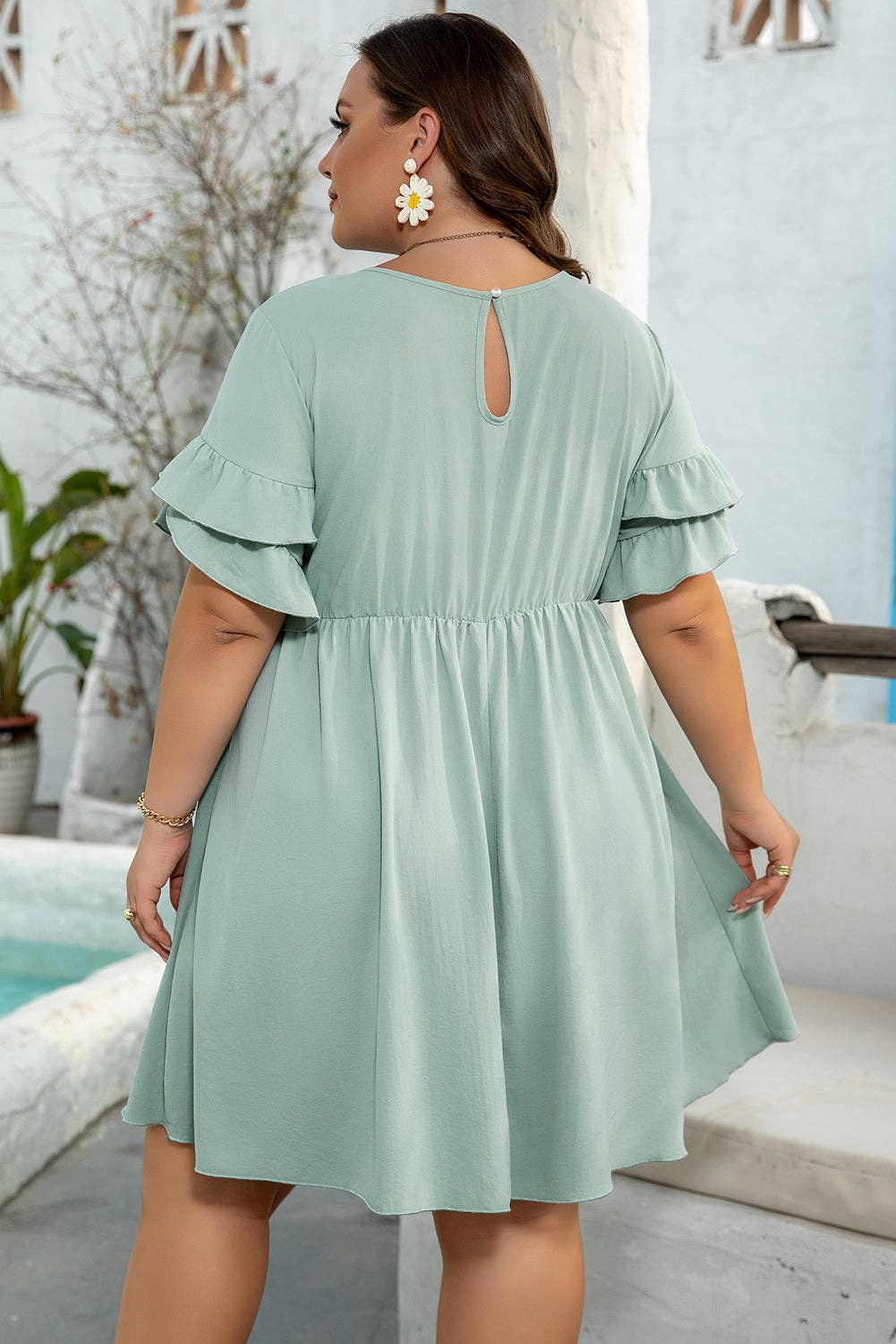 Grass Green Ruffle Trim Short Sleeve Plus Size Flared Mini Dress - FINAL SALE