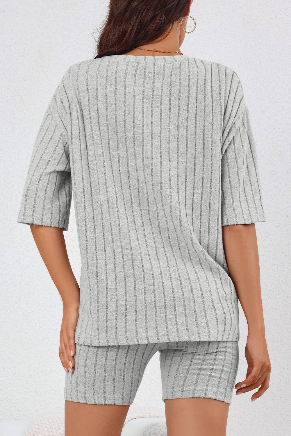 Gray Plain Ribbed Loose Fit Two Piece Lounge Set