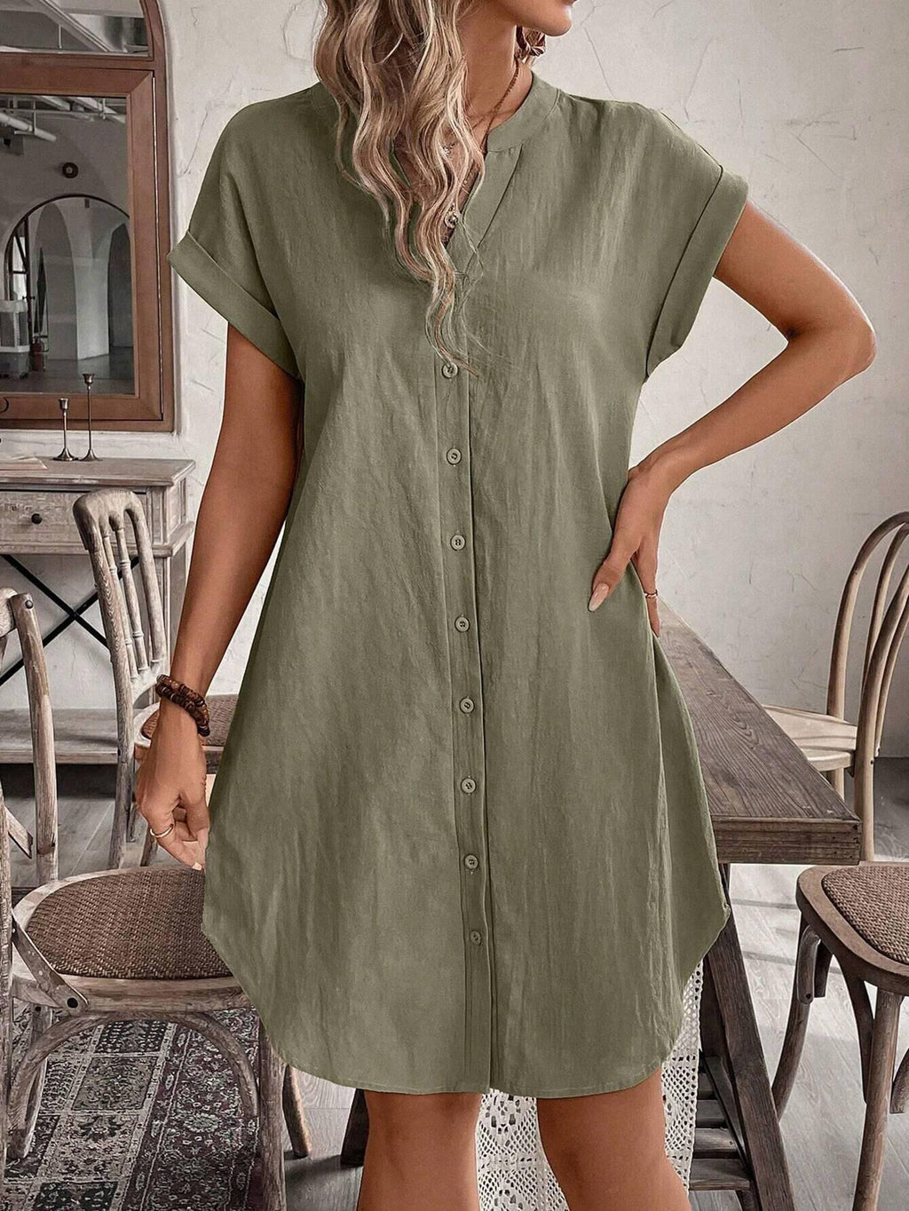 V-neck Button Loose Dress - FINAL SALE