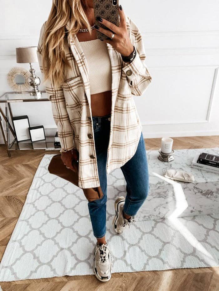 Plaid Wool Blend Shirt Jacket - Oversized Button Down Coat