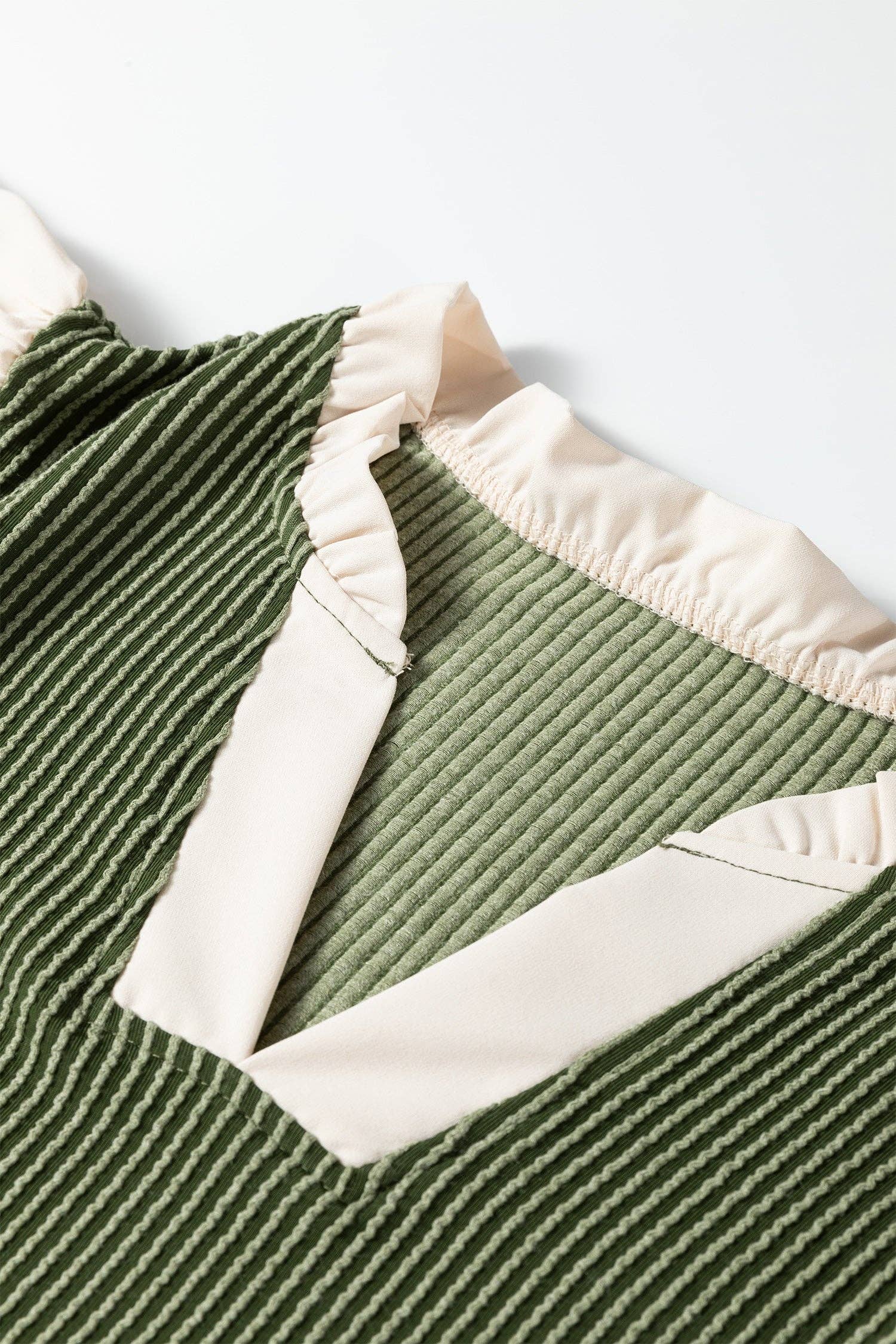 Vineyard Green Plus Size Contrast Frilled Neckline Ruffled Short Sleeve Ribbed Textured Blouse - FINAL SALE