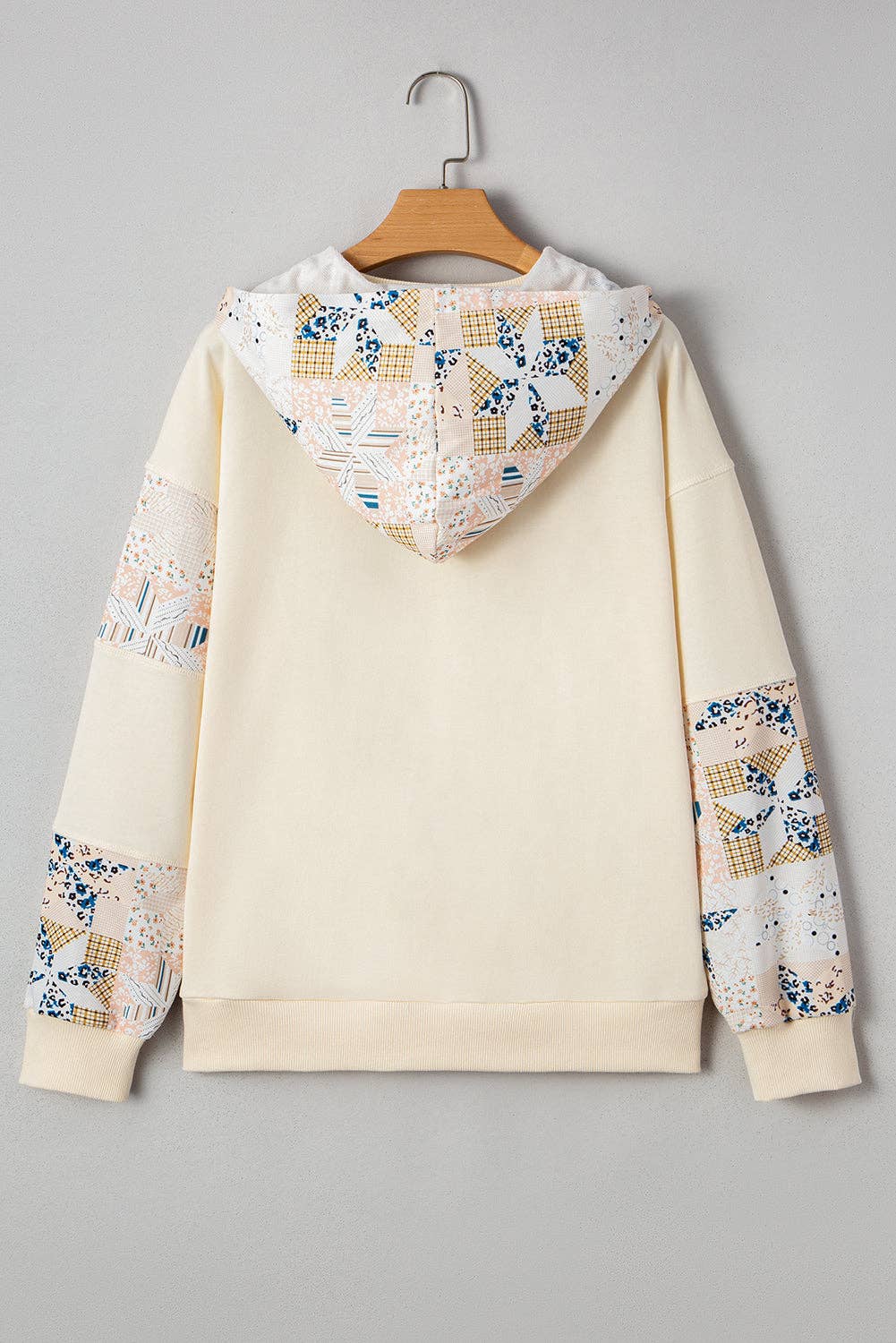 Beige Western Geo Pattern Patchwork Hoodie with Kangaroo Pocket