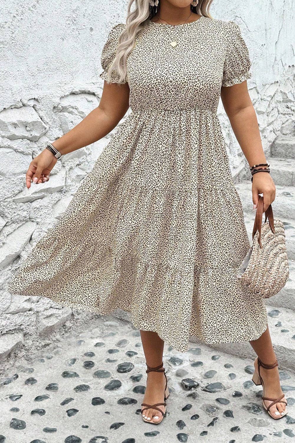 Beige Plus Size Leopard Print Frill Trim Short Sleeve Flared Dress - FINAL SALE