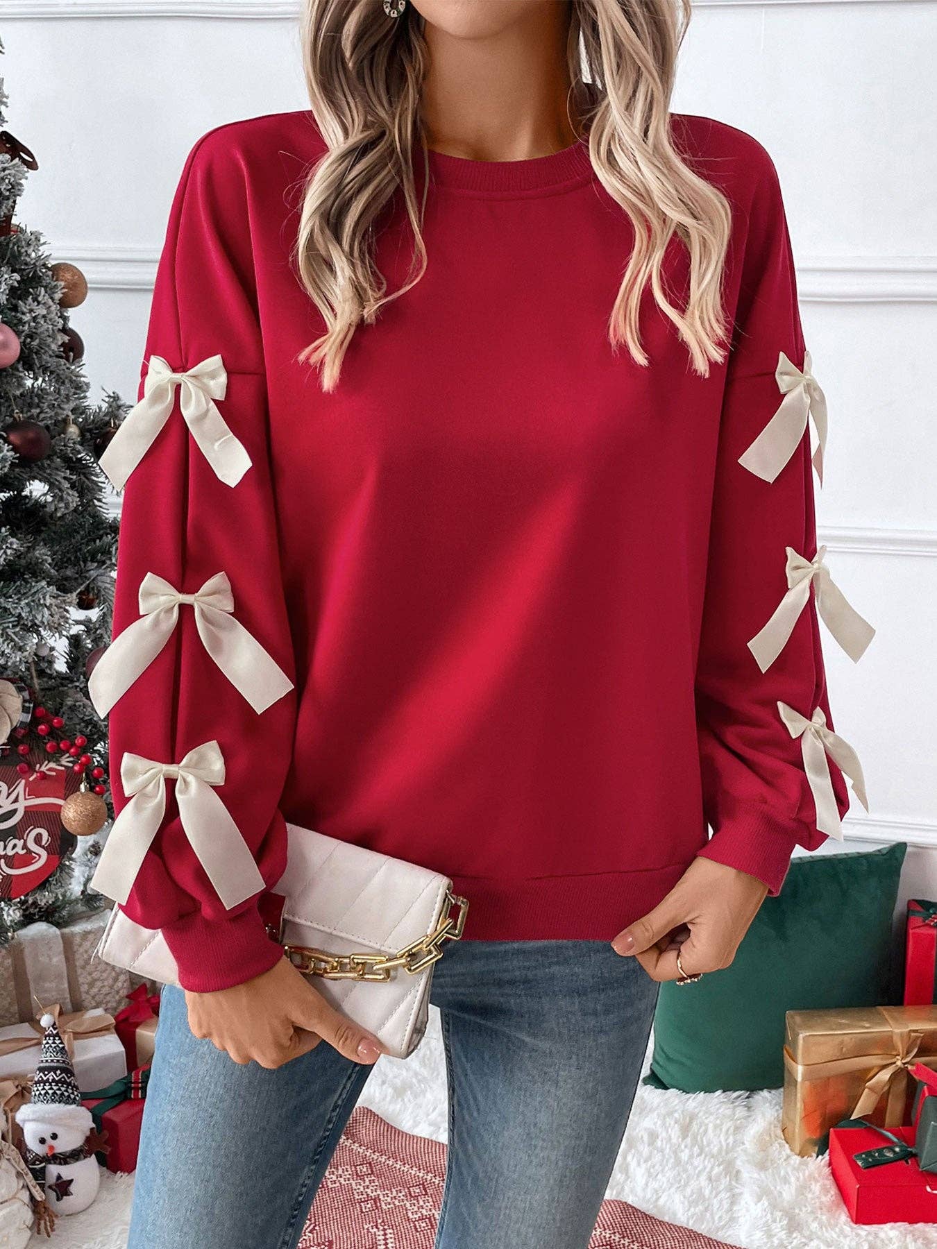 Bow Sleeve Round Neck Long Sleeve Sweatshirt