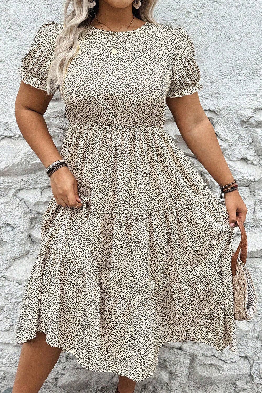 Beige Plus Size Leopard Print Frill Trim Short Sleeve Flared Dress - FINAL SALE