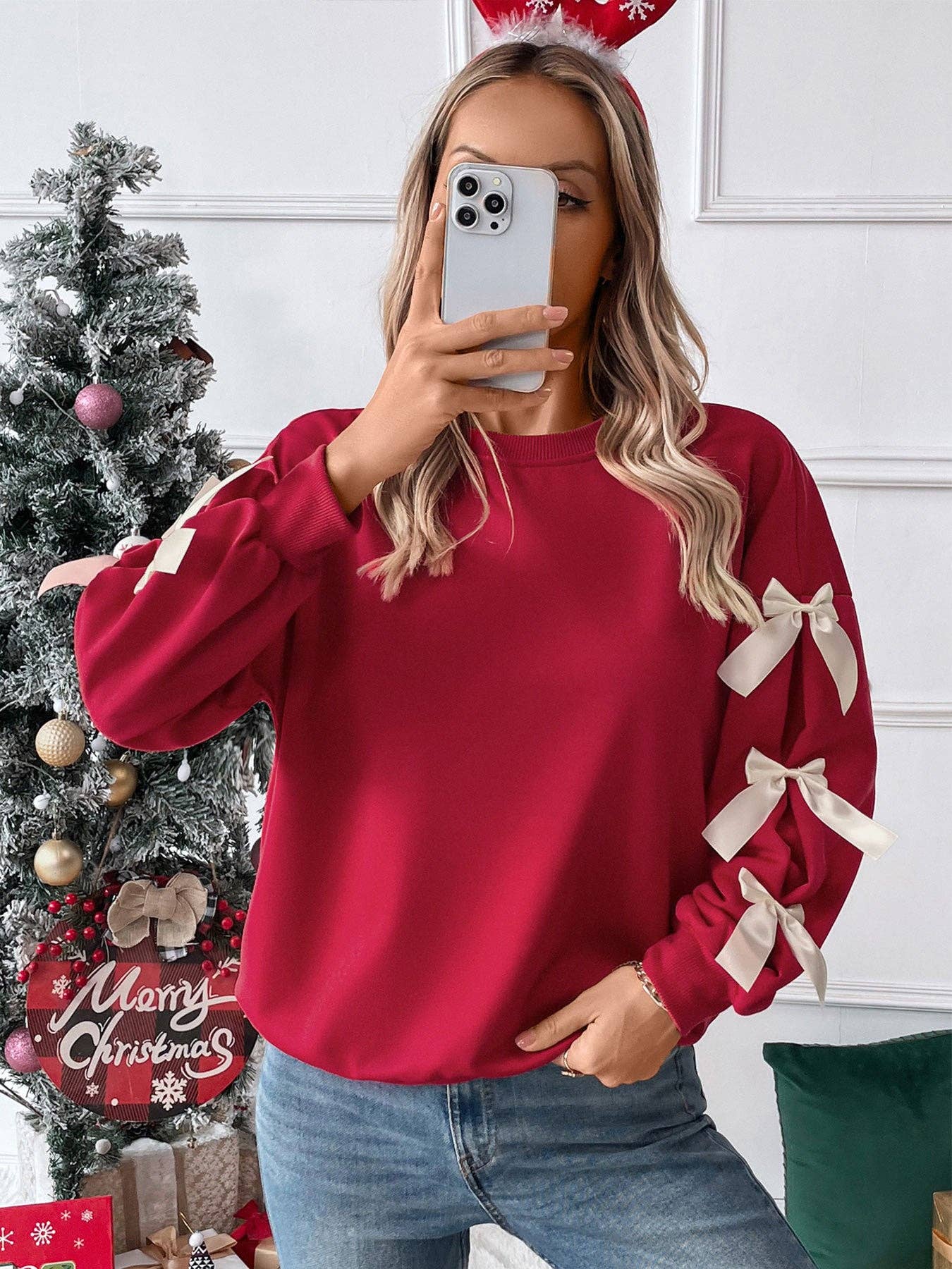Bow Sleeve Round Neck Long Sleeve Sweatshirt